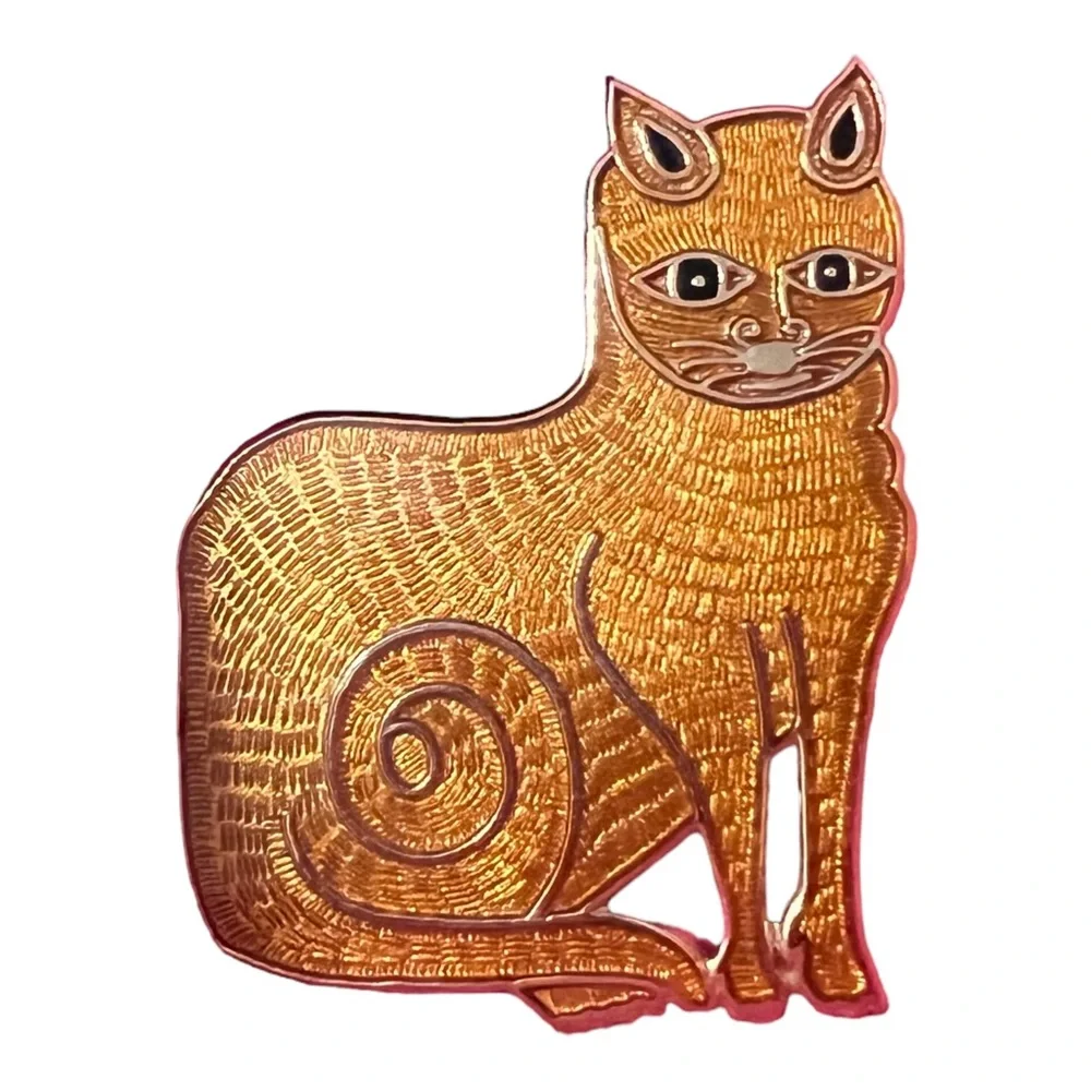Fish & Crown Cloisonné Cat Pin Brooch VTG Gold Tone Tabby Signed
